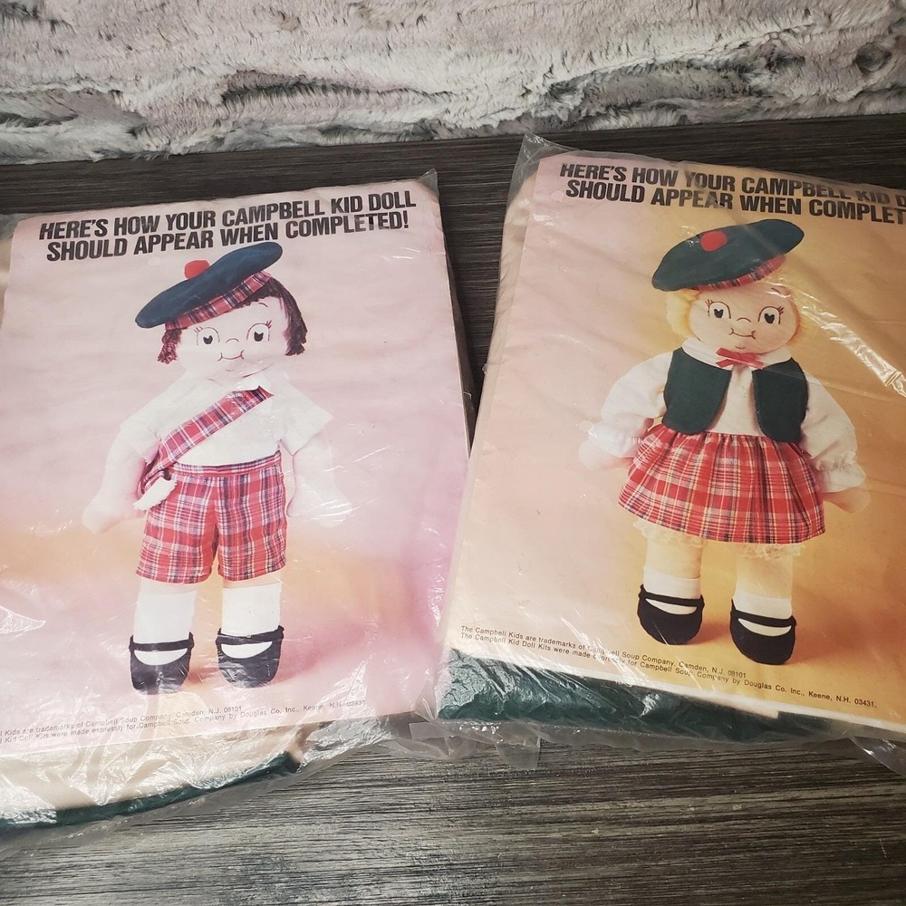 NOS Vintage Campbell Soup Boy & Girl‎ Scottish Kids Doll Kits Sealed Crafts